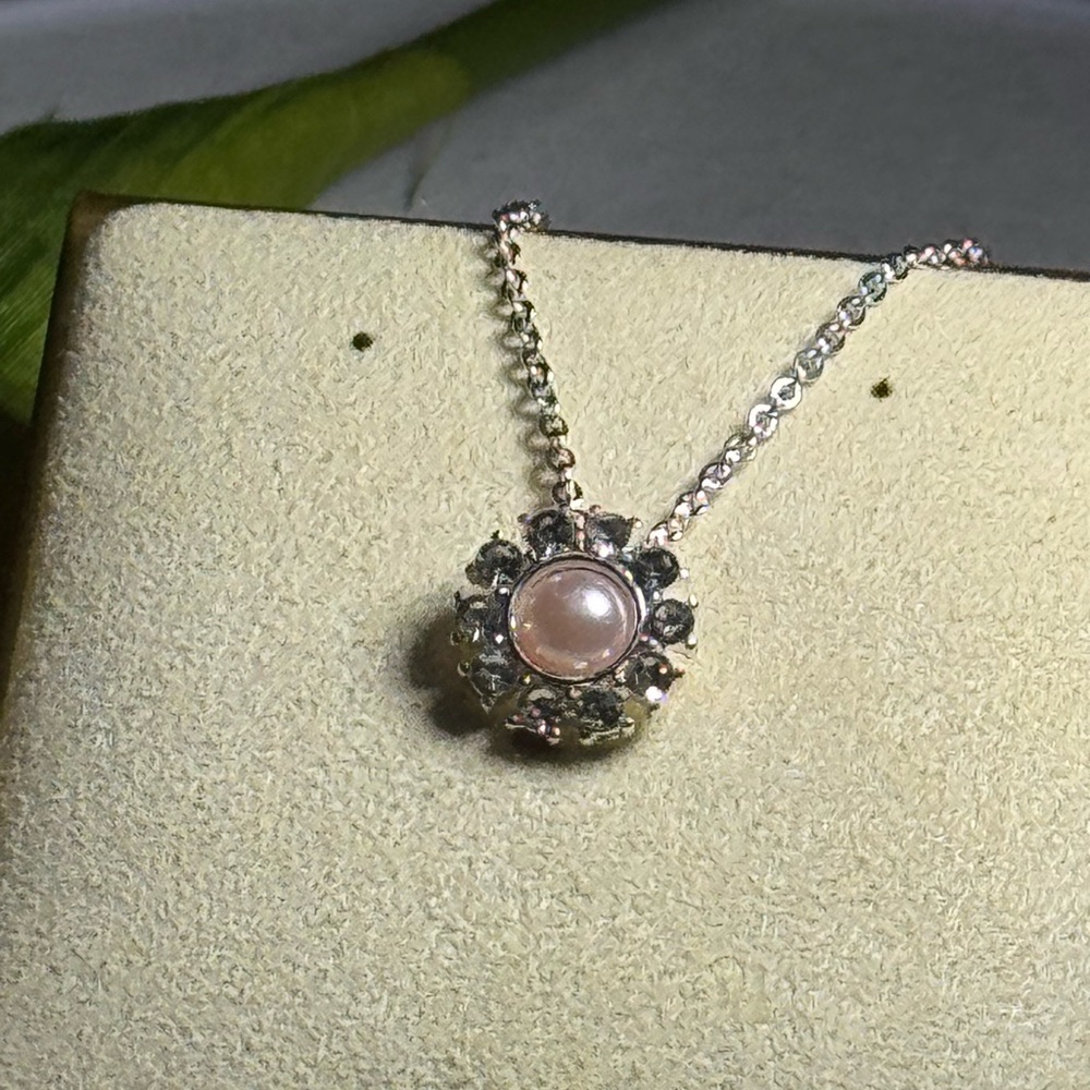 Crystal Flower Pendant Faux Pearl Center Made with Swarovski Crystals 18-21 inch